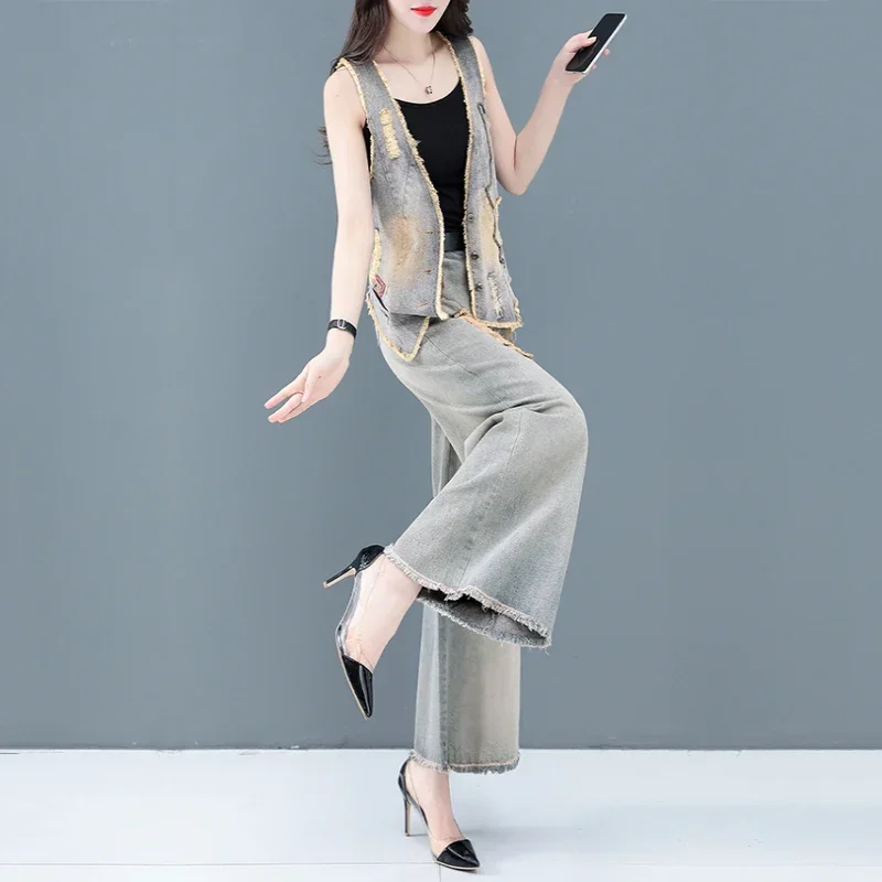 Conjuntos elegantes para mujer 2025, trajes de pantalón de 2 piezas para mujer, trajes de 2 piezas a la moda, camiseta sin mangas y trajes de pantalón de pierna ancha E5410