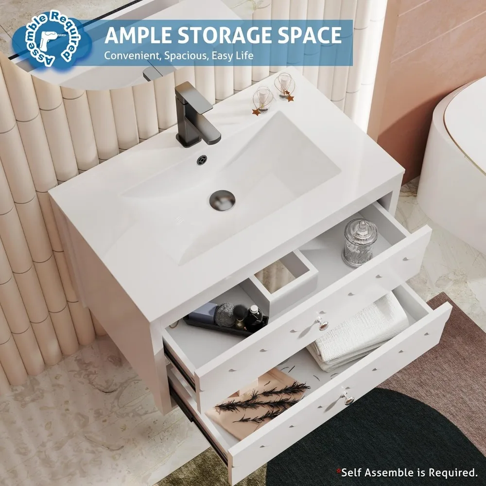 حمام عائم حديث مثبت على الحائط مع حوض، 30 خزانة تخزين تتميز بحواف زخرفية معاصرة #5