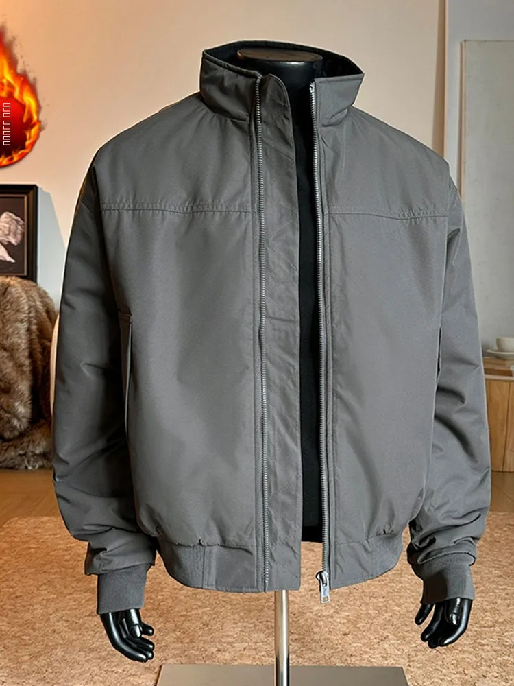 

Thiened Woolen Flight Jaet ey Wolf Cotton Coat for Men Autumn Winter Season Warm Stand Collar Zipper ket Regular Sve