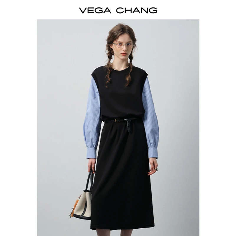 فستان Vega Chang للخريف والشتاء الجديد بأكمام طويلة وأكمام طويلة مع أكمام زرقاء، فستان طويل أنيق بتصميم كلاسيكي بسيط [الحزام غير متضمن]
