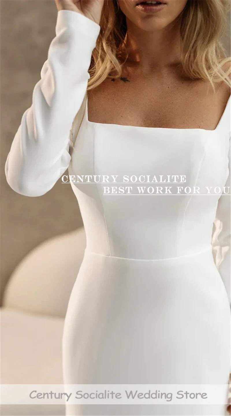 Civil Wedding Dresses Mermaid 2024 Long Sleeve Square Collar Soft Satin Simple Plain Bridal Gowns for Bride Customized