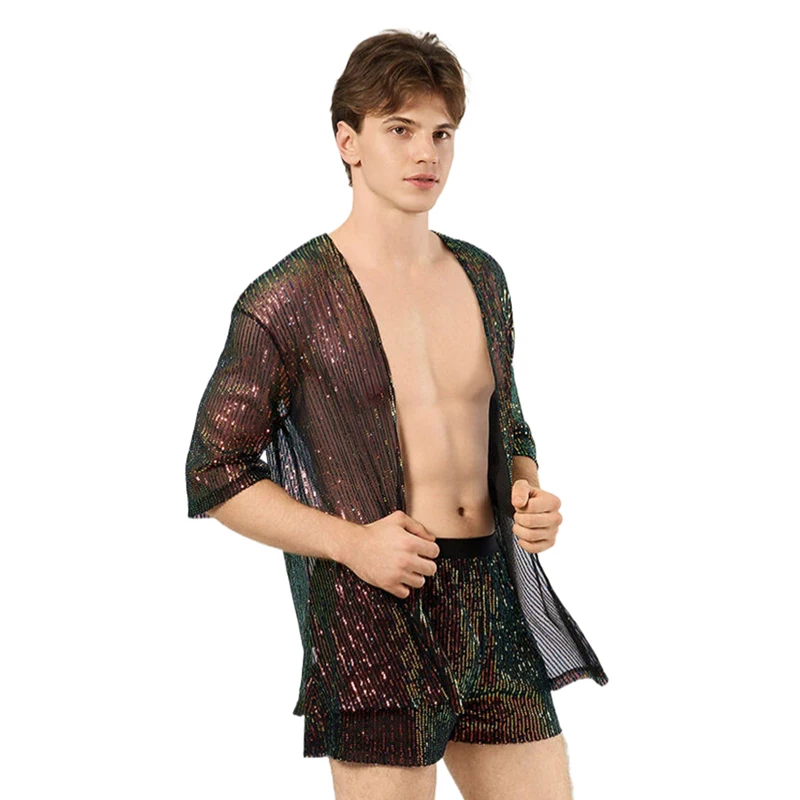Herrenbekleidung 2-Teiliges Outfit Strickjacke Shorts Herren-Set Glitzernder Lockerer Strandüberzug Nachtclub Festival Rave Party Bühnenkostüm – Detail 5