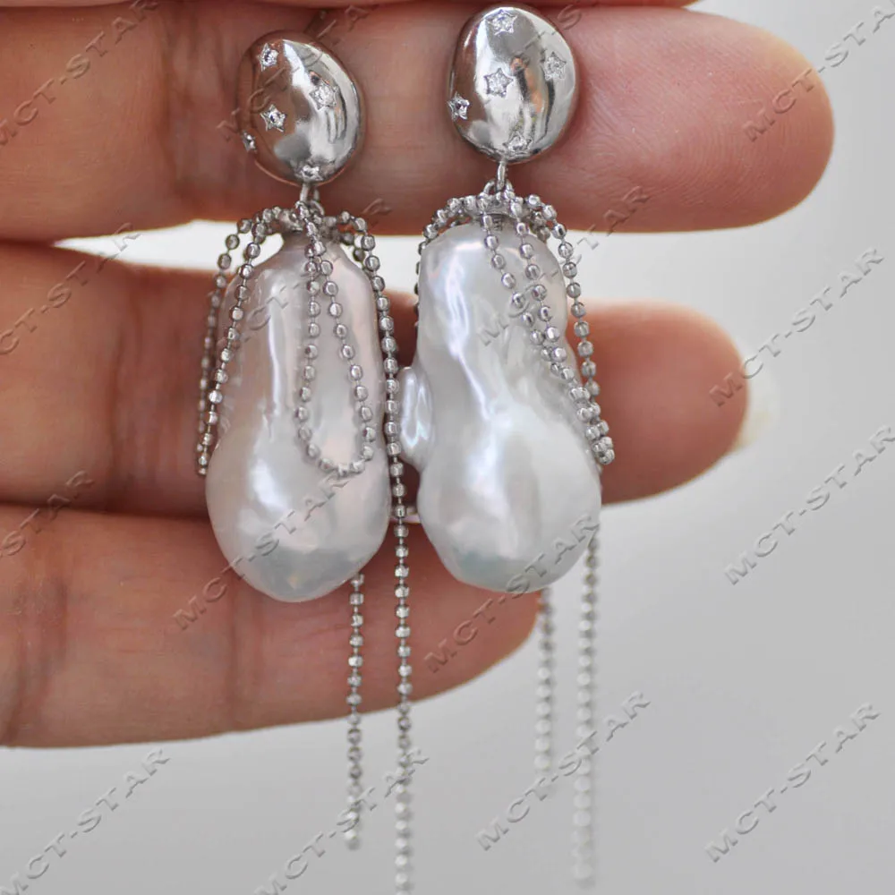 

Z14558 Round Bead Tassel Style 25mm White Baroque Teardrop Keshi Reborn Pearl CZ Dangle Earring