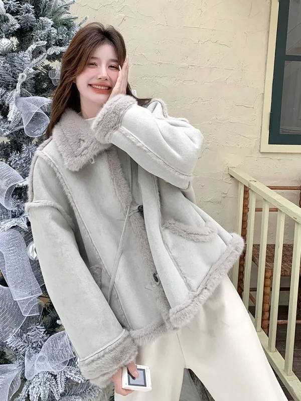 ey Blue Lamb Fur Jaet Women's Winter New Lazy Sle Suede Cotton Coat ort Length Inteated Leather And Fur Coat