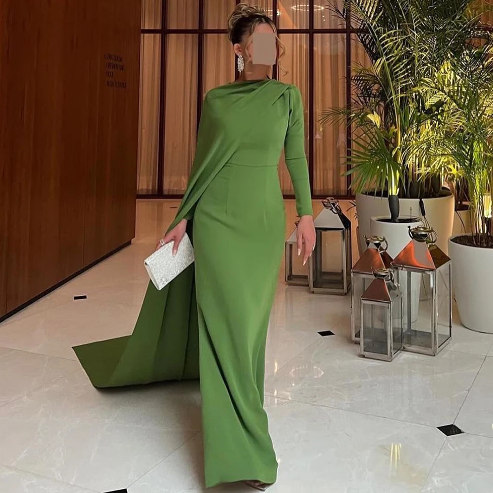 Simple Green Evening Dresses Long Prom Dresses Straight High Collar Jersey Saudi Arabia Pleat Watteau Train Wedding Party Gowns