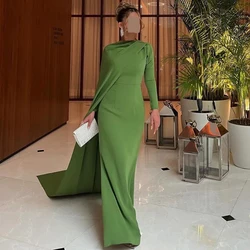 Simple Green Evening Dresses Long Prom Dresses Straight High Collar Jersey Saudi Arabia Pleat Watteau Train Wedding Party Gowns