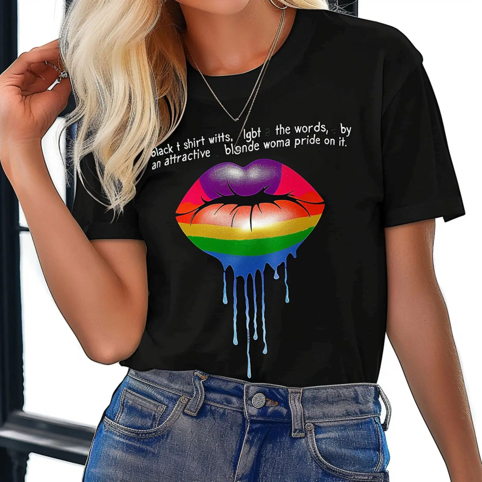 

Black T Shirt Vibrant Rainbow Lips Unique Statement Piece Fashion