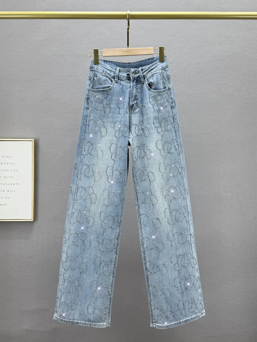 

Women's High Waist Loose Fit Straight Leg Jeans Rhinestone Embellied Extended Length Spring 2025 Faion Trend