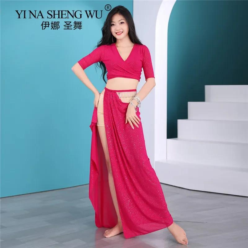 Belly Dance Top Women Elegant Training Suit Split Long Skirt Professional Performance Practice Outfit Adult