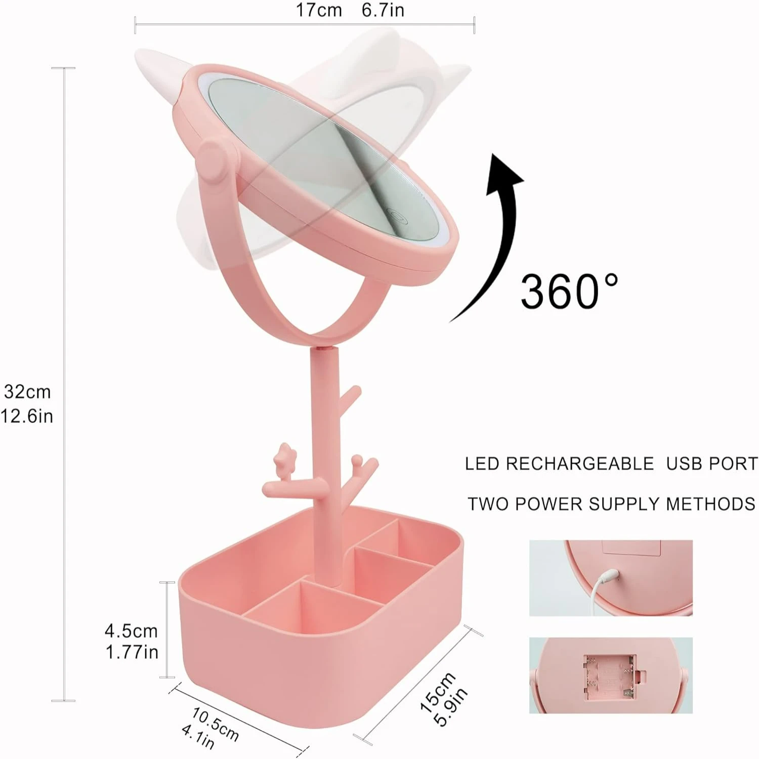 กระจกแต่งหน้าแบบมีไฟ HD แบบพกพาพร้อมระบบควบคุมหน้าจอสัมผัส 360 °   การหมุน, พอร์ต USB และไฟโต๊ะเครื่องแป้งสว่าง - เหมาะสําหรับการแต่งหน้า,