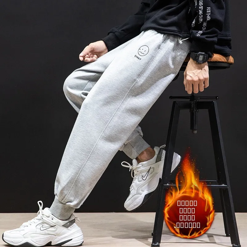 

Мужские зимние утепленные спортивные брюки с флисовой подкладкой и принтом, свободного кроя, прямые, длинные, модные, в корейском стиле, больших размеров