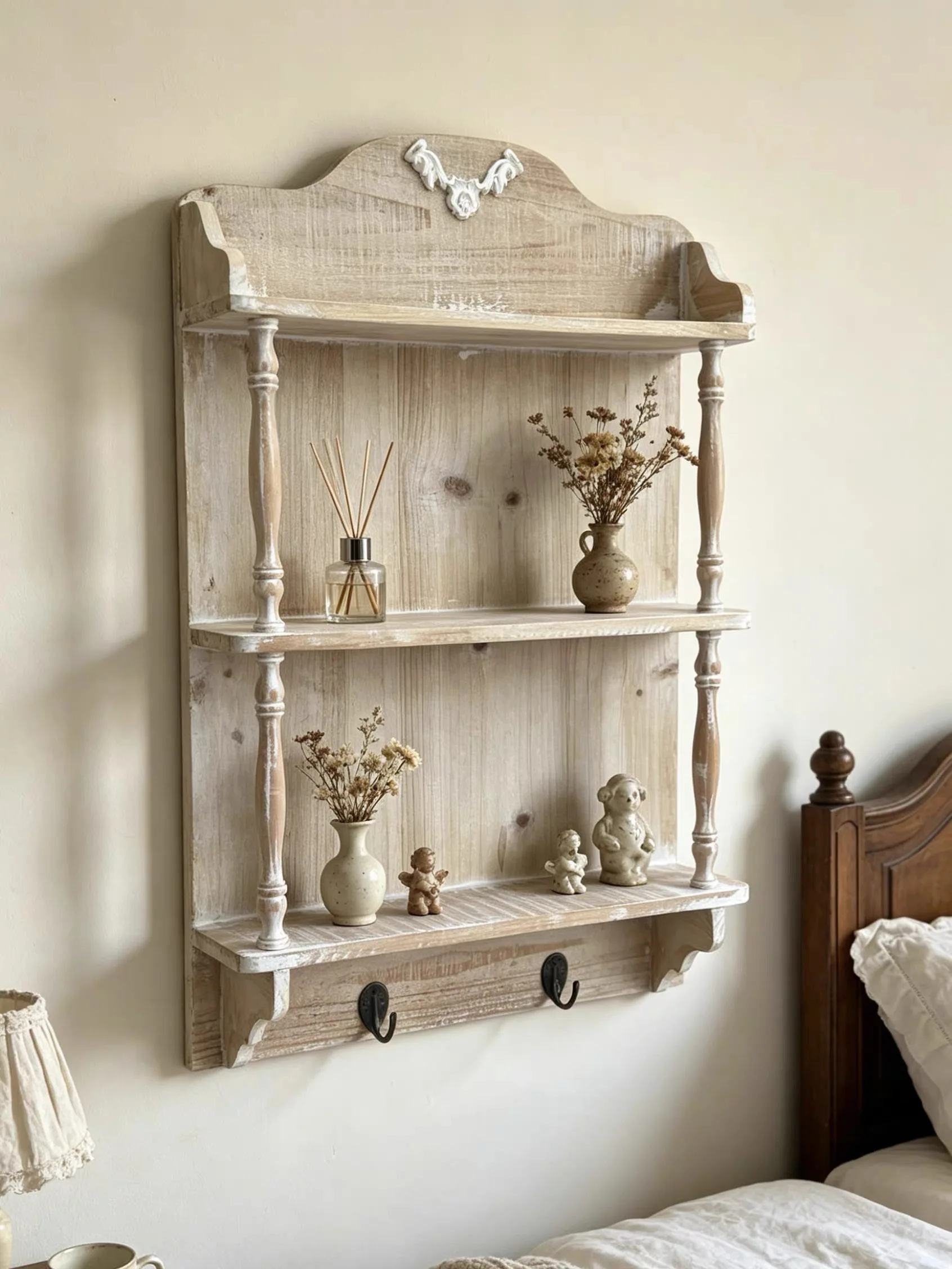 French-style vintage carved wooden three-layer wall-mounted storage rack