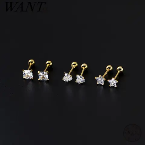 WANTME 925 스털링 실버 러브 스타 스퀘어 나선형 비즈 작은 스터드 귀걸이 여성 하이틴 귀 뼈 피어싱 쥬얼리 액세서리