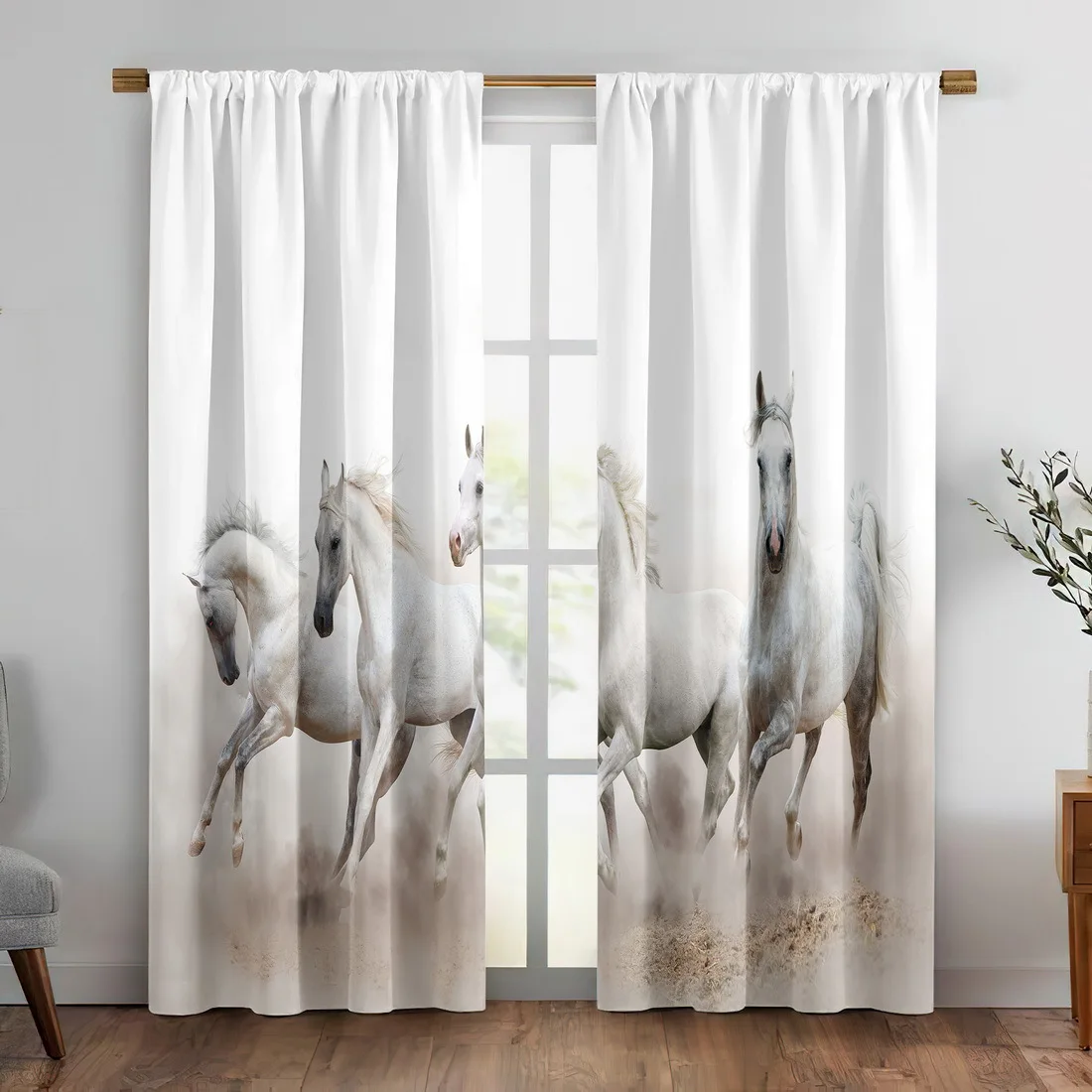 

2pc Horse print curtains, polyester fabric, machine washable, suitable for bedroom and living room decoration