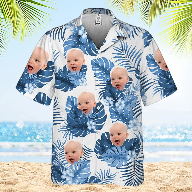 Custom Photo Family Member Hawaiian Shirts Personalized Diy Face Beach Shirts For Men Short Sleeve Aloha Shirts Blouse Clothes