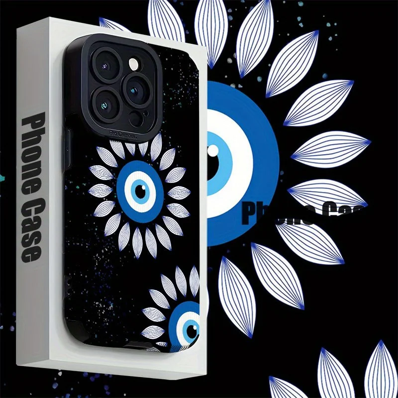 For Samsung S25 Blue Evil Eye Flower Design, Abstract Art Black Matte Shockproof For Galaxy S25/S24/S23/S22 and A Series Models