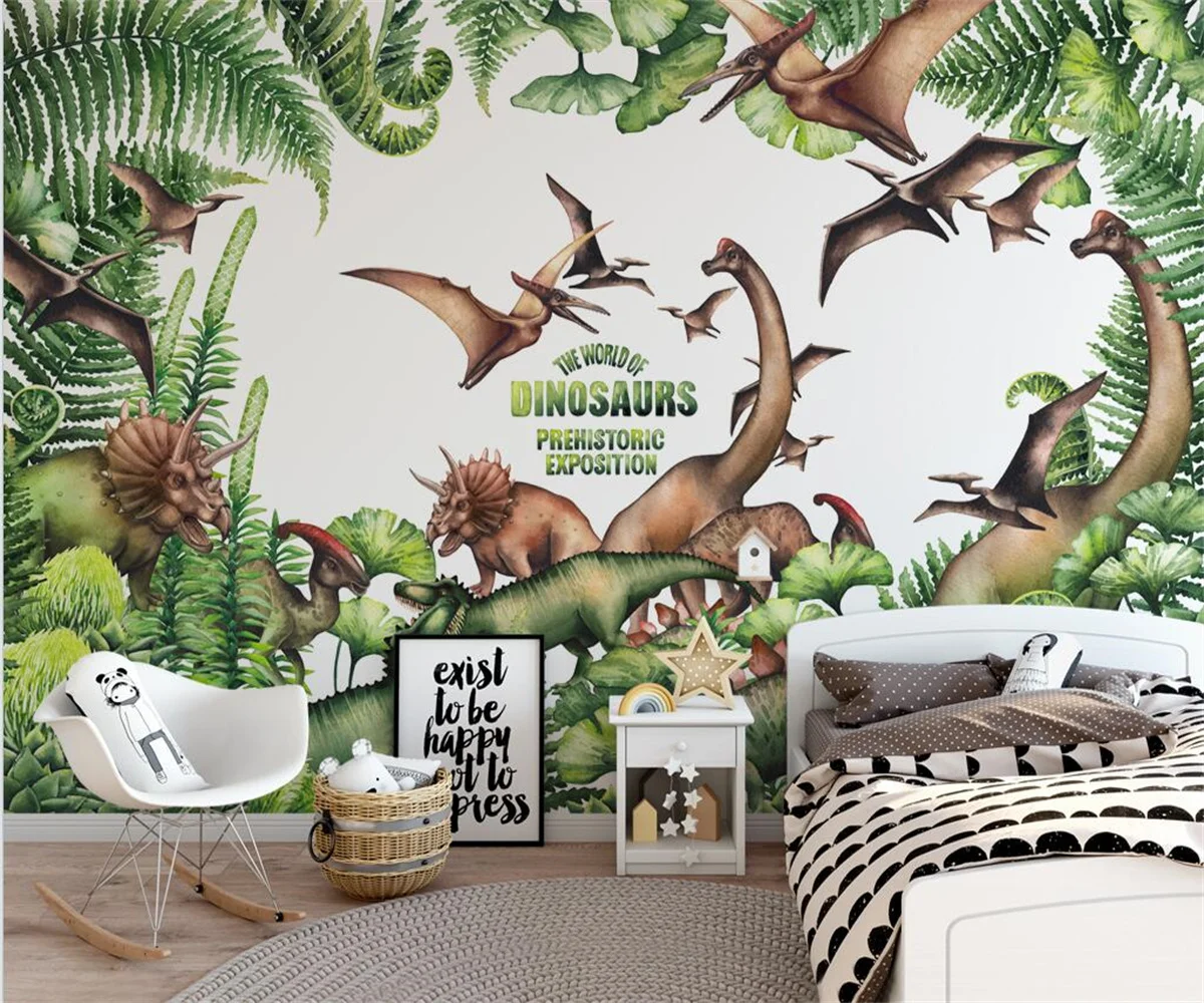 custom mural Nordic style tropical plants cartoon dinosaur age children's room background wall wallpaper 3d wallpaper