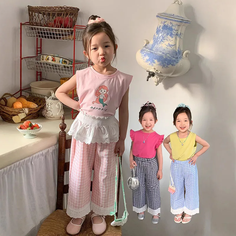 Mädchen-Hose mit weitem Bein, elastische Taille, lockere, knöchellange, karierte, süße Hose, Alltagskleidung, leichte Hose für Kinder