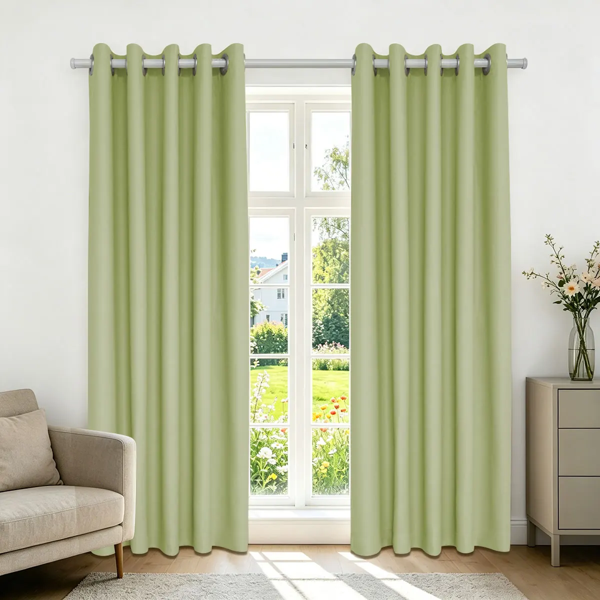 Sage Green Solid High‑Density Blackout Curtain, Grommet Top, Privacy Window Curtain for Bedroom Living Room, 2 Panels