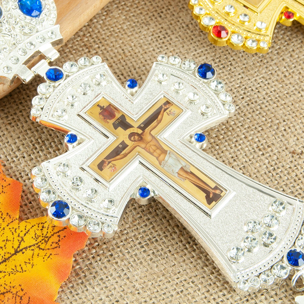Ornate Eastern Orthodox Silver Plated Blessing Hand Cross with Red Blue Rhinestone Inlay Crucifix for Church Clergy Worship Devo