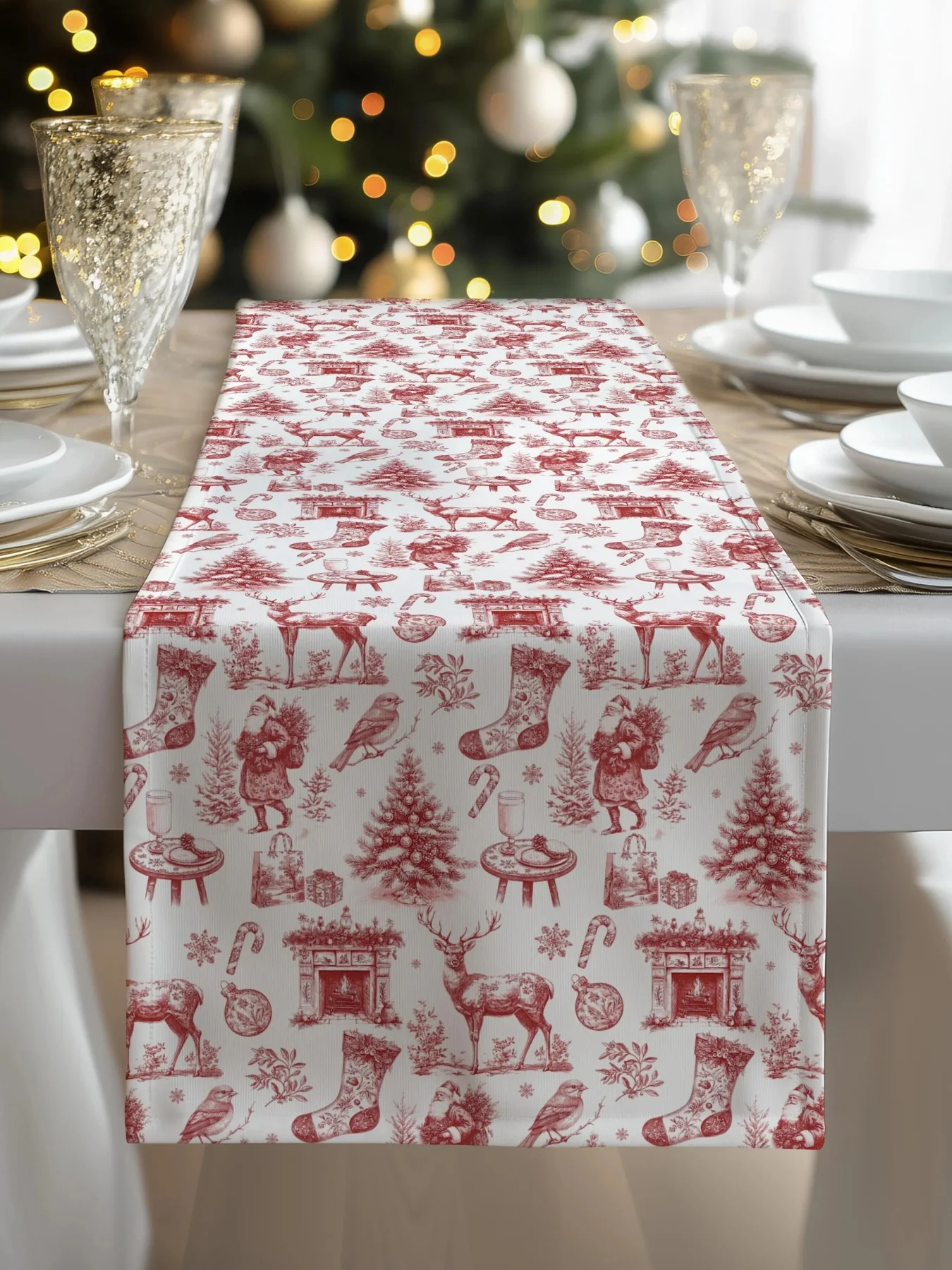 Roter Weihnachts-Tischläufer, Schneeflocken-Tischdekoration für Urlaub, Party, Zuhause, Esstisch, Bankett, Weihnachtsstoff
