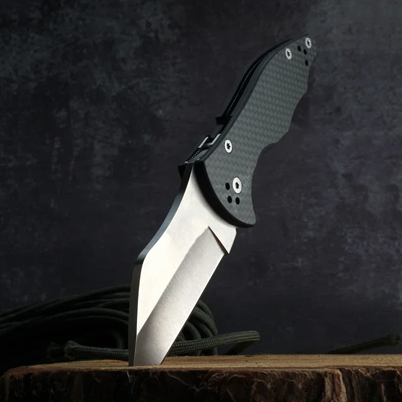 Cuchillo plegable con mango de fibra de carbono, herramienta EDC de bolsillo para acampar al aire libre, pesca, caza y defensa de seguridad