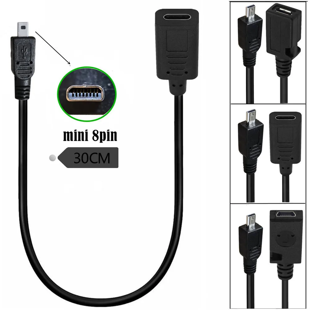 USB Type-C/Mini Usb 5P/Micro Usb 5P Female To 8-Pin Mini B Male Data Sync Power Supply Camera Cable Cord 0.3m