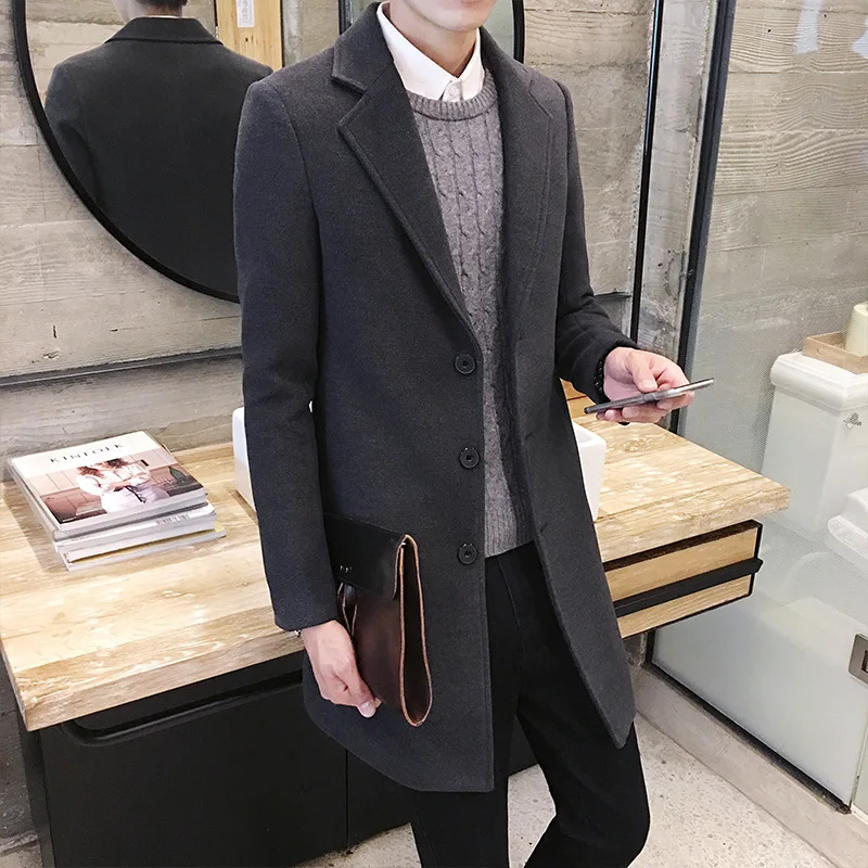 Autumn And Winter Men's Woolen Coat Korean Version Slim-fit Medium And Long Trench Coat Woolen Jacket Single-breasted Coat