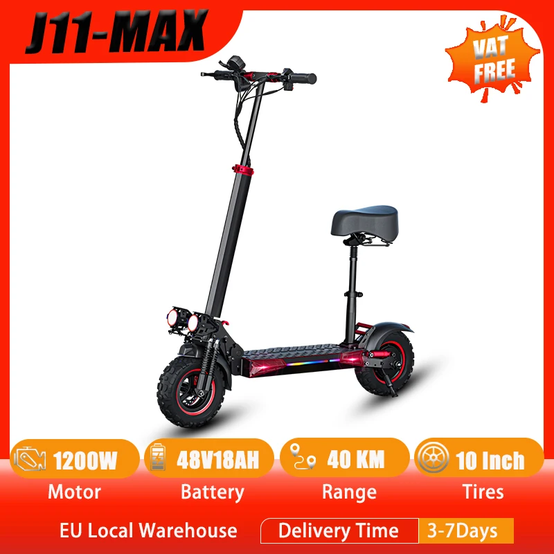 J11-Max Scooter elettrico pieghevole Motore 1200W 48V18AH Pneumatici da 10 pollici E-Scooter da viaggio per adulti con sedile 30-40 miglia Scooter elettrico