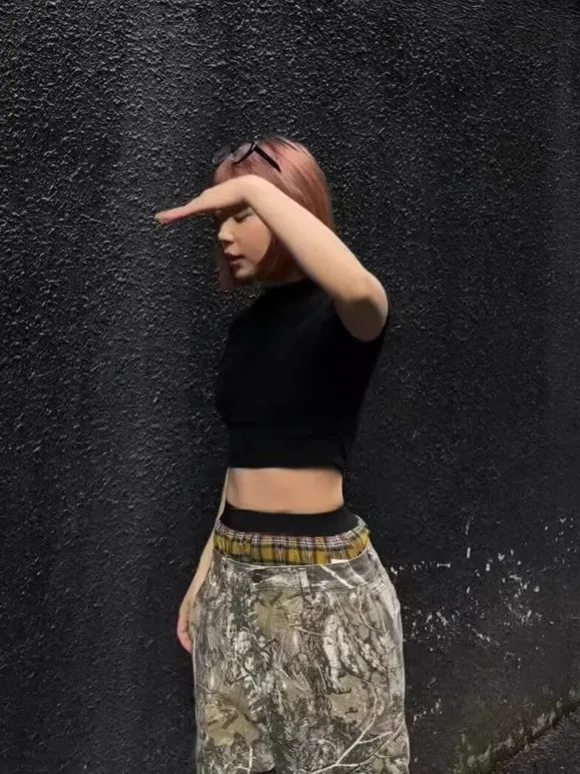 レトロアメリカンストリートウェア原宿プリント枝柄迷彩ルーズストレートカジュアルパンツ七分丈ズボン