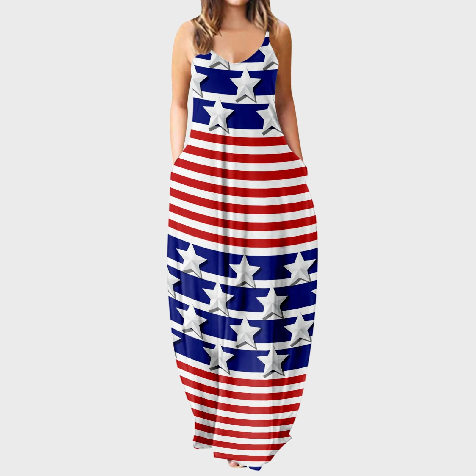 

Boho Sundress For Women Casual Summer Dresses Round Neck Sleeveless Tank Dress Independence Day USA Flag Fashion Maxi Dress