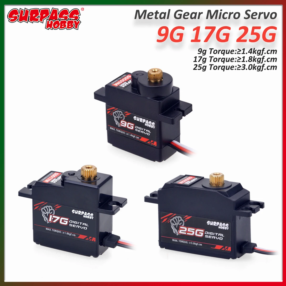SURPASS Hobby 9G 17G 25G Metal Gear Digital Servo High Torque Micro Servo 4.8-6V for 1/24 1/18 1/12 RC Car Airplane Glider Robot