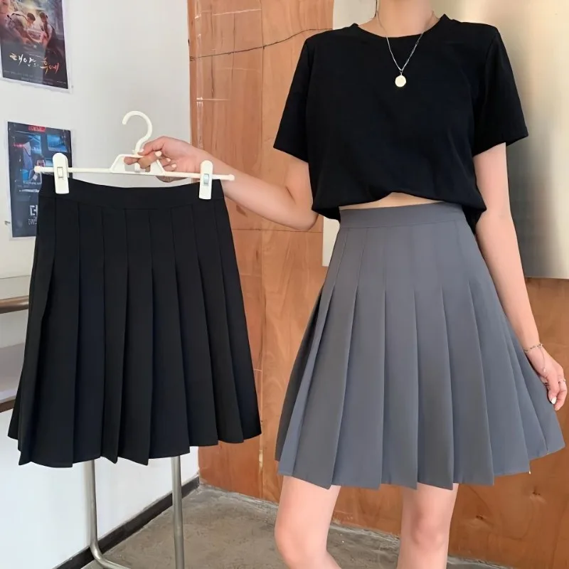 

Women Pleated Skirt Black A-line Short Dresses Woman Clothing Streetwear Y2k College Style High Waisted Loose Fit Casual Solid