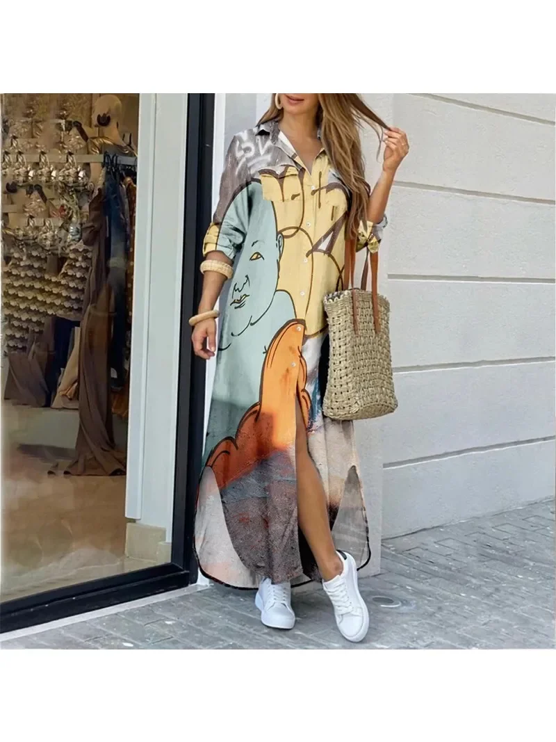 Women\'s Long Sleeved Printed and Ankle Skirt Casual Commuting Long Skirt Spring and Autumn Lapel Button A-line Skirt