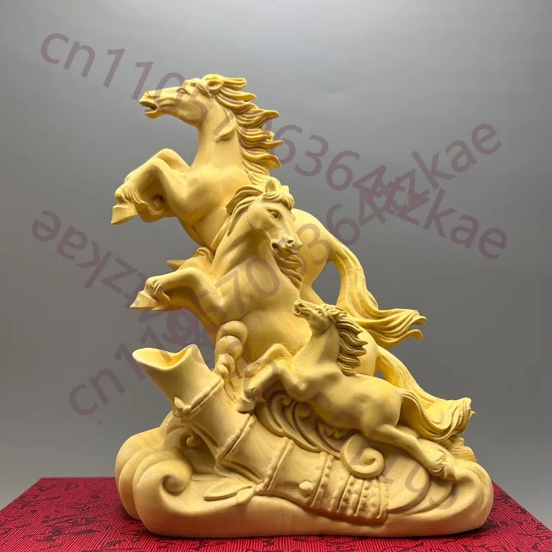 

Hand-Carved Boxwood Running Horse Family Statue - 5.9"x4.9"x2.6" Wooden Sculpture Home Decor, Housewarming Gift