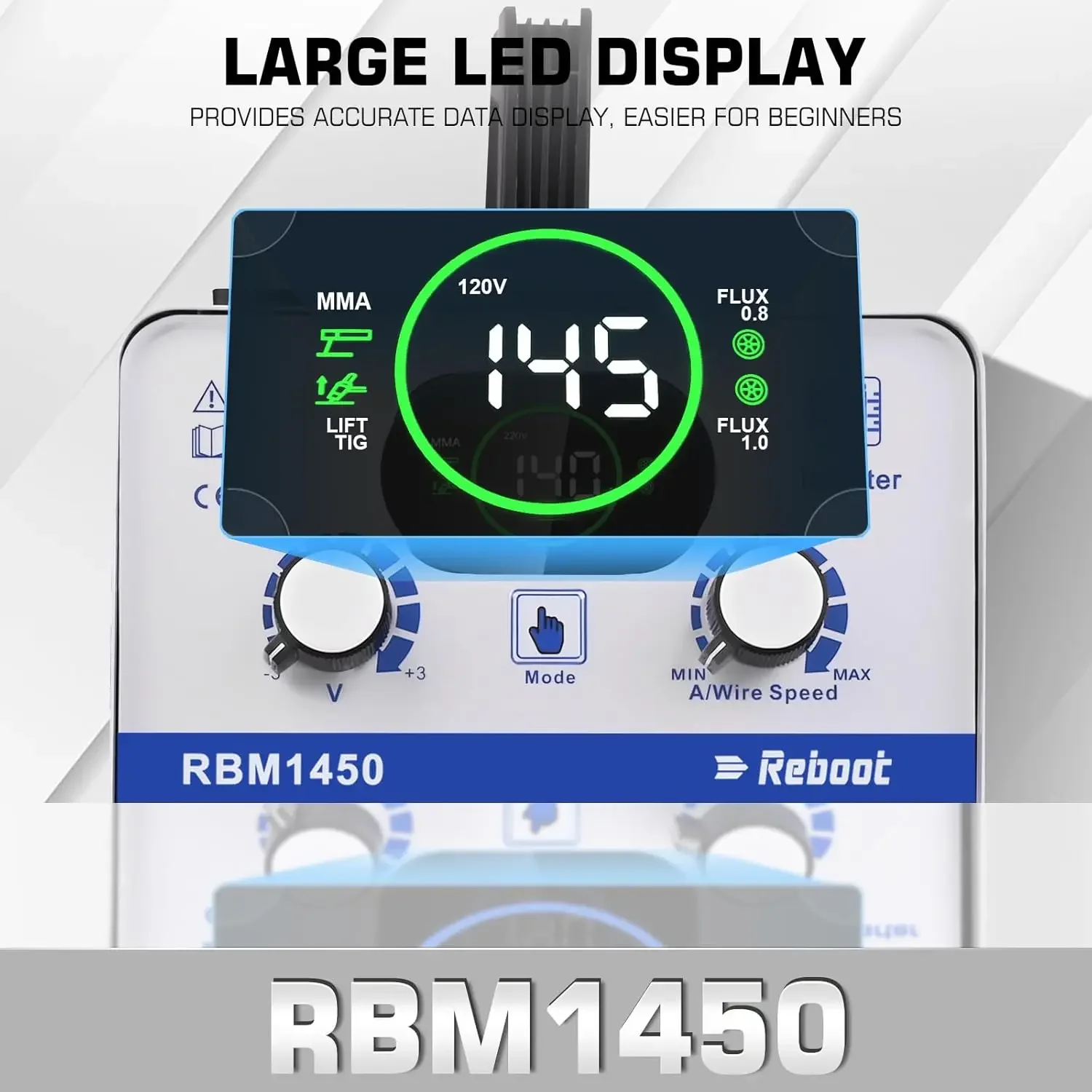 Reboot 145Amp MIG Welder, 110V Flux Core 3-in-1 (MIG/Lift TIG/Stick), IGBT Inverter with Large LED Display, Portable RBM1450.