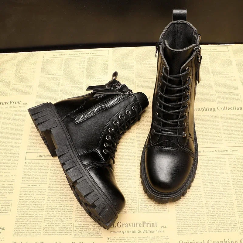 2023 New Women's Pu Leather Ankle Boots Women Autumn Winter Round Toe Lace Up Shoes Woman Fashion Motorcycle Platform Botas PU