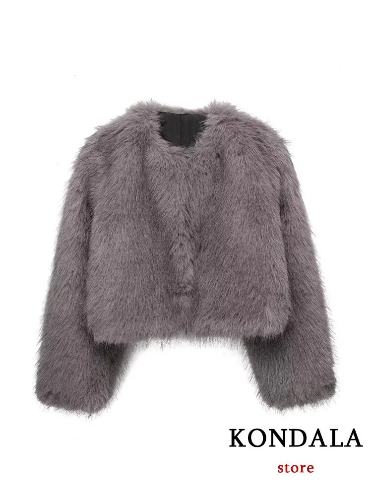 KONDALA Vintage Chic Women Faux Fur Jackets Grey Solid O-Neck Thick Warm Loose Coats Fashion 2023 Autumn Winter Elegant Outwears