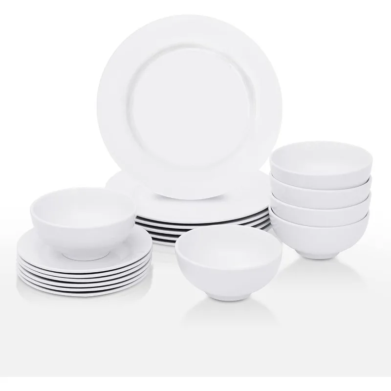 

Round 18-Piece White Kitchen Dinnerware Set, Service for 6, Plates and Bowls – Microwave, Oven and Dishwasher Safe