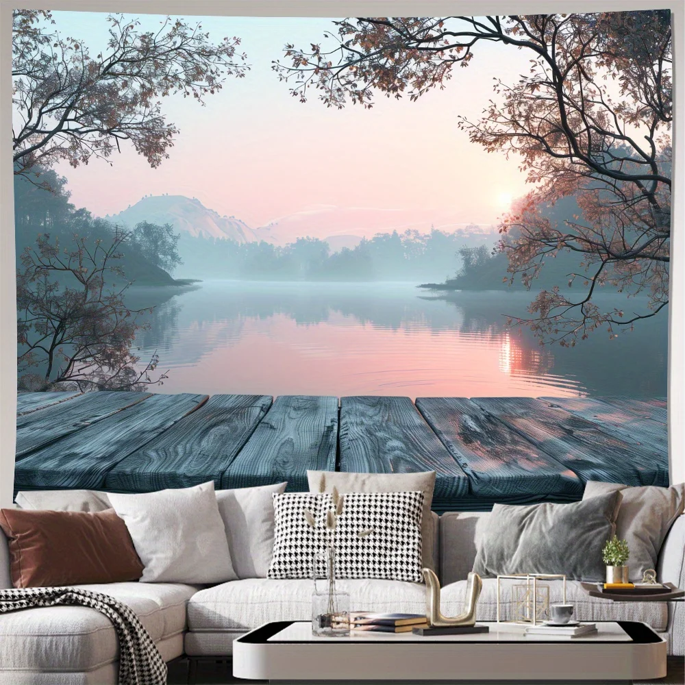 Tapisserie Lake Sunrise, réflexion sereine de l'eau avec des arbres et des montagnes, art mural de paysage naturel pour décoration de salon et de chambre à coucher
