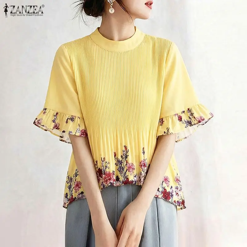 ZANZEA Women Summer Bohemain Holiday Tops Floral Patchwork Blouse Stand Neck Short Sleeve Pleated Blusas Elegant Work Shirt 2026