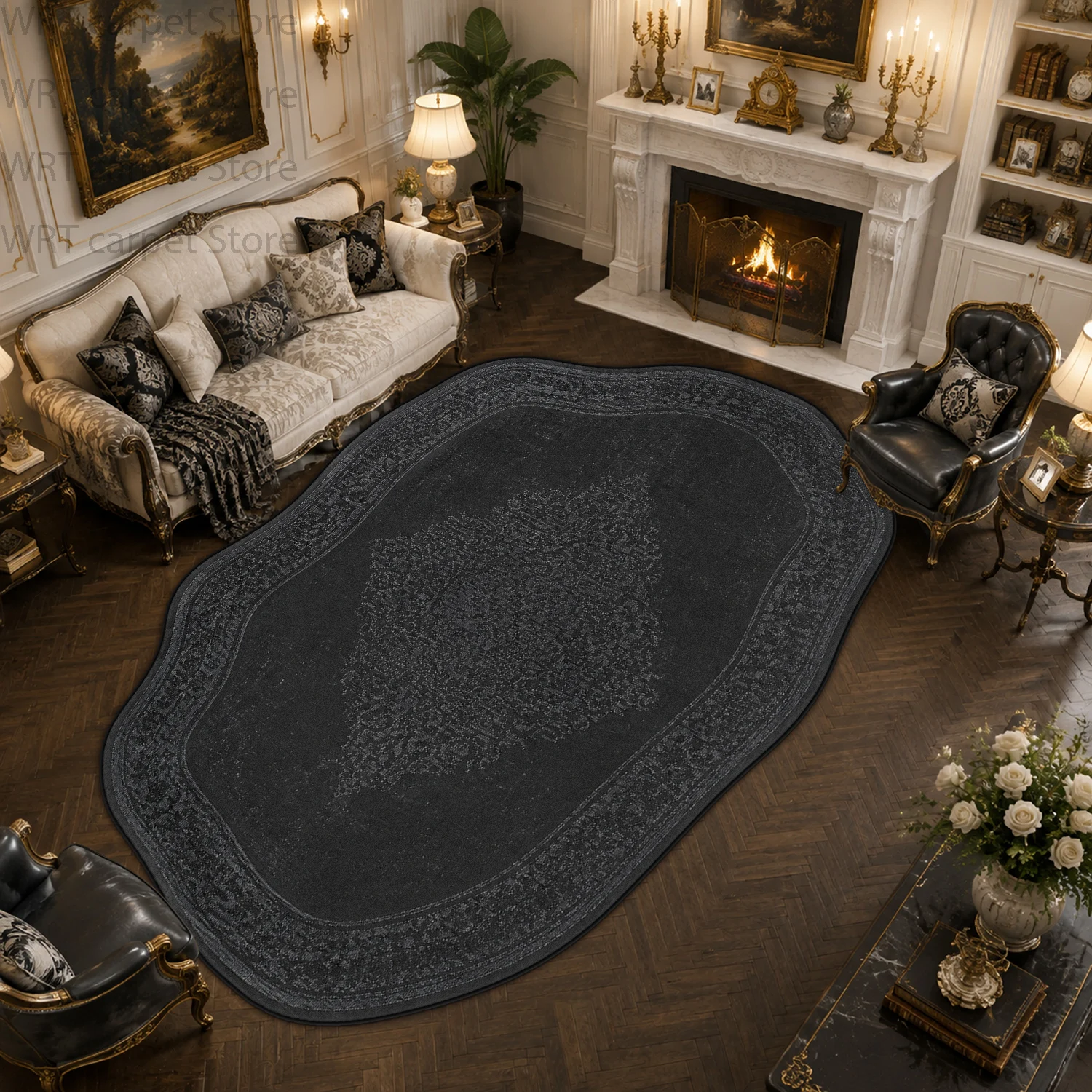 Black Persian Style Irregular Shape Carpet for Living Room Dining Room Tables Chair Non-slip Rug Bedroom Bedside Soft Floor Mat