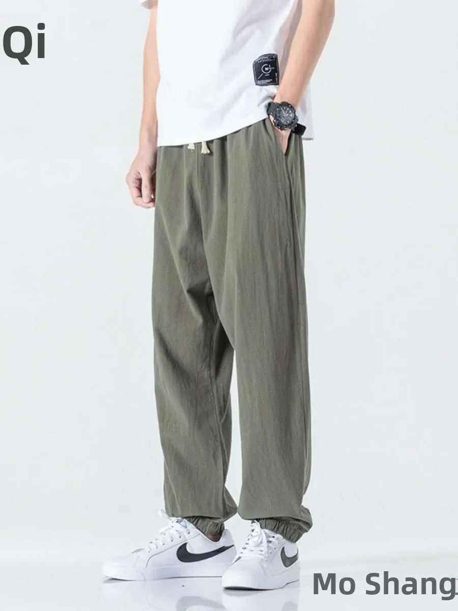 

Lin Cotton Summer Thin Wide Leg Harlan Men's Casual Trousers Loose Fit High Waist Long Pants Comfortable Breathable Spring
