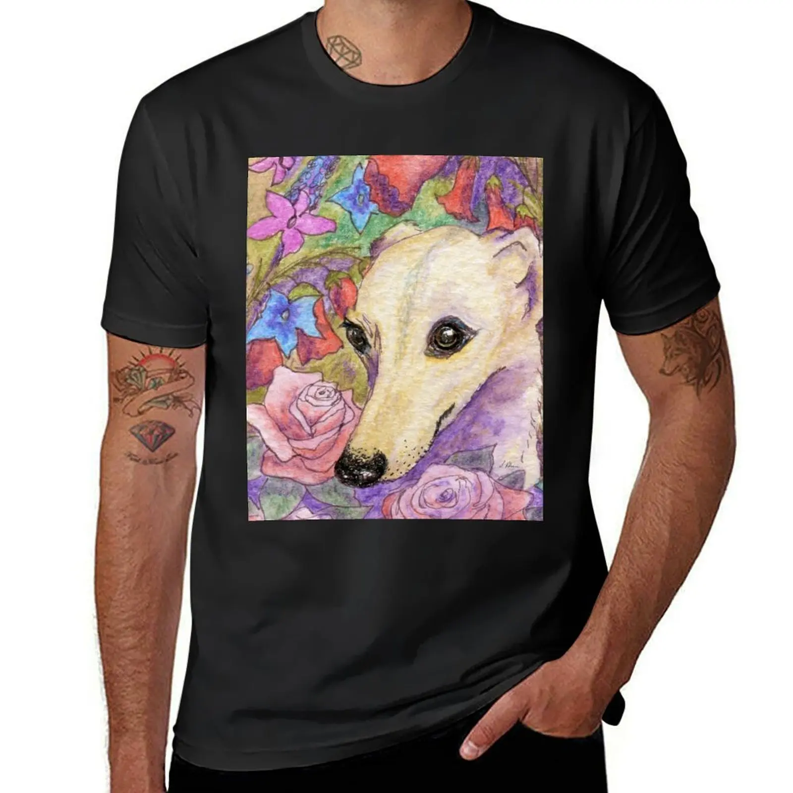 

Shy flower whippet greyhound dog hiding in the garden T-Shirt graphic tee shirt quick-drying funny shirt cotton men t shirts