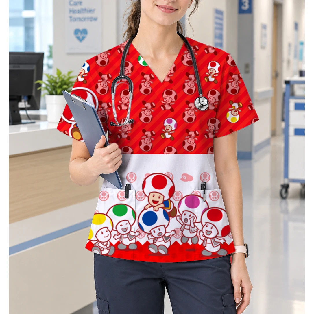 Men's Medical Work Uniform Dragon Ball Anime Print V-Neck Frosted T-Shirt Nurse Accessories Dental Clinic Work Uniform Top
