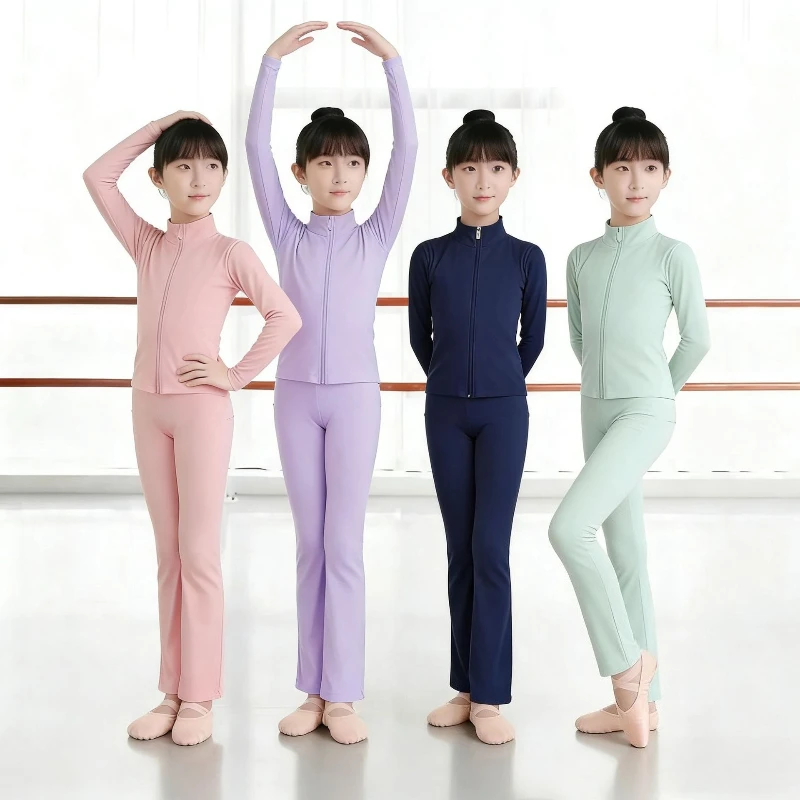 

Новый детский балетный костюм, комплект из двух предметов, балетный топ с длинными рукавами для девочек, тренировочный топ, китайский танцевальный комплект куртки на молнии для девочек
