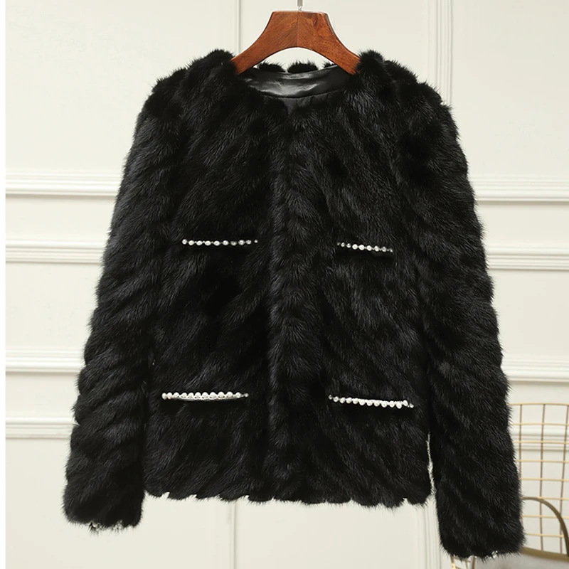 Winter Women Mink Fur Short Coat Fashion O-neck Luxury Genuine Mink Female Jacket With Pearl Accessories Warm Woman Fur Clothes