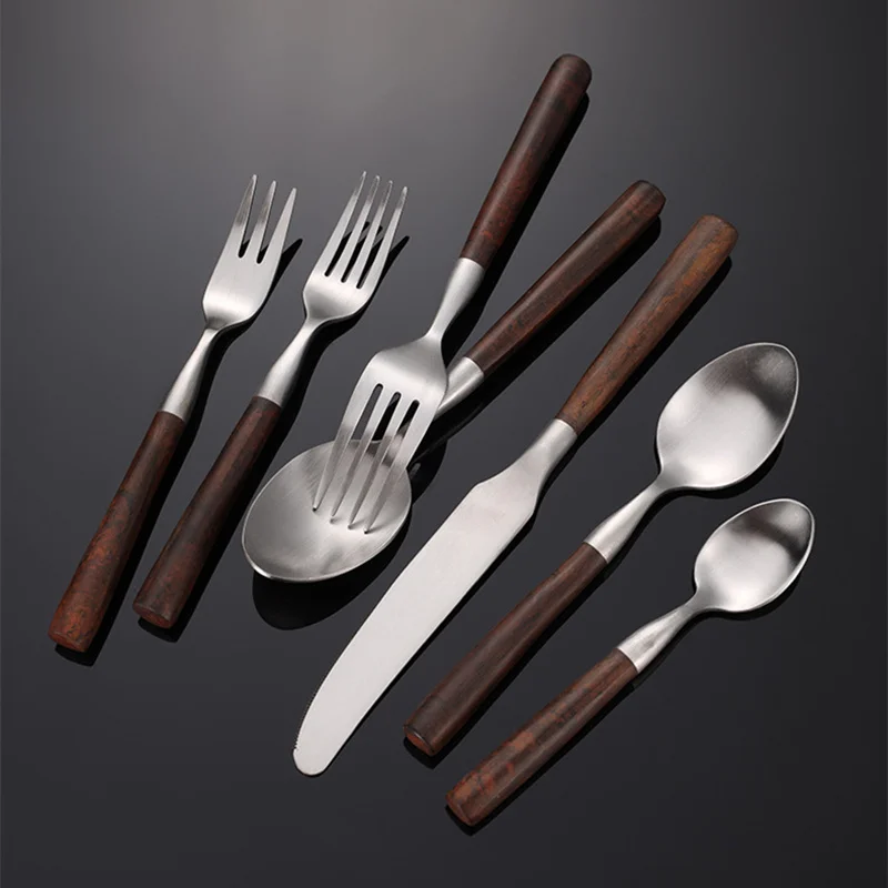 Upscale Frosted Cutlery with wooden Handles Stainless Steel Dinnerware Western Tableware Knife Fork Tea Spoon Silverware