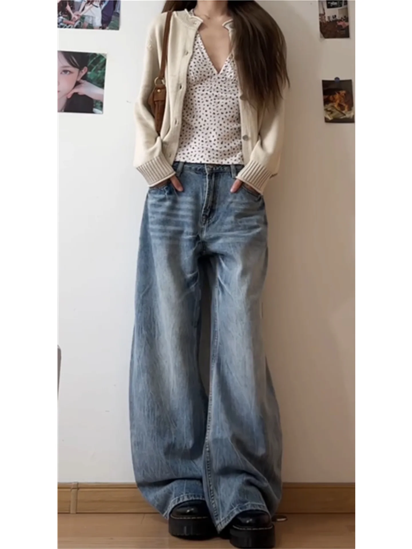 

Женские джинсы с низкой посадкой и широкими штанинами в стиле ретро, свободные, струящиеся, с высокой талией, удлиненные, из хлопкового денима, весенние