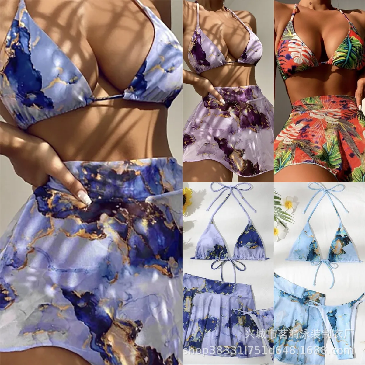 

Bathing Suit Women European And American Multi-color Sexy Belt Marble Print Three-piece Swimsuit Bikini Bikini Women's Swimsuit